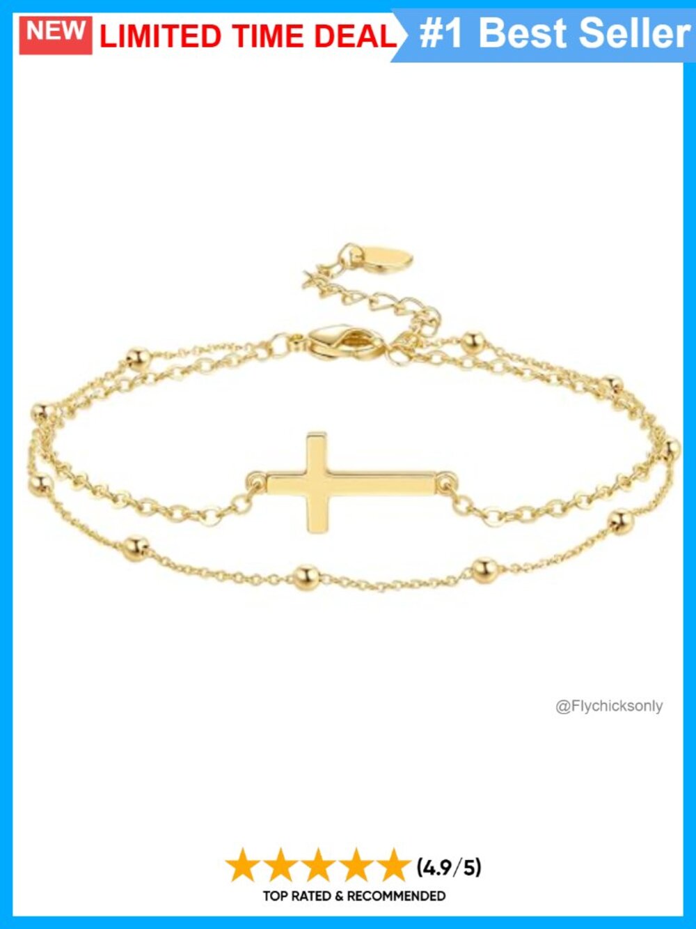 14K Gold Plated Cross Bracelet Layered Bead Chain Women